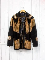 Black Beaded Leather Fringe Jacket