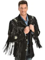 Black Western Coat Mens Leather Button Fringe Jacket (12)
