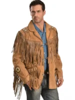 Brown Western Coat Mens Leather Button Fringe Jacket - thecreativeleather.com