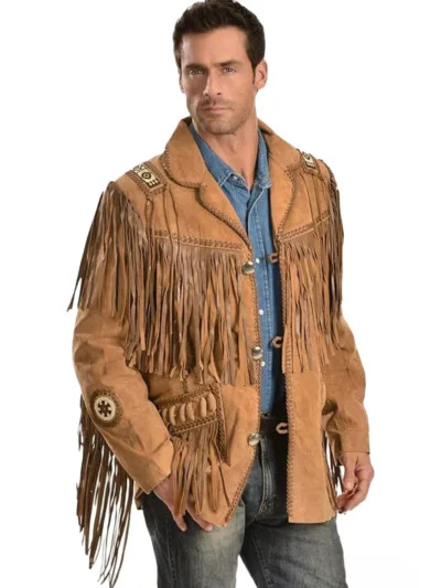 Brown Western Coat Mens Leather Button Fringe Jacket - thecreativeleather.com