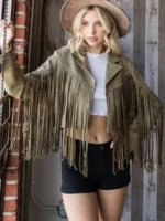a girl wearing suede fringe jacket