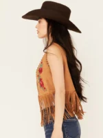 Women's Embroidered Rose Suede Fringe Vest