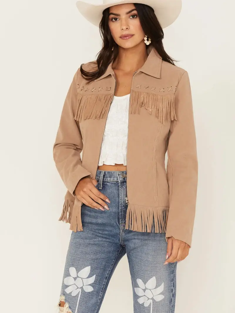 Fornia Women's Fringe Faux Leather Fringe Zip Jacket (4) Fornia Women's Fringe Faux Leather Fringe Zip Jacket