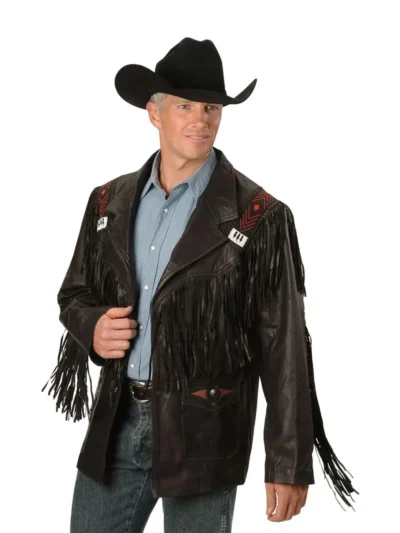 Mens Western Black Suede Fringe Leather Jacket