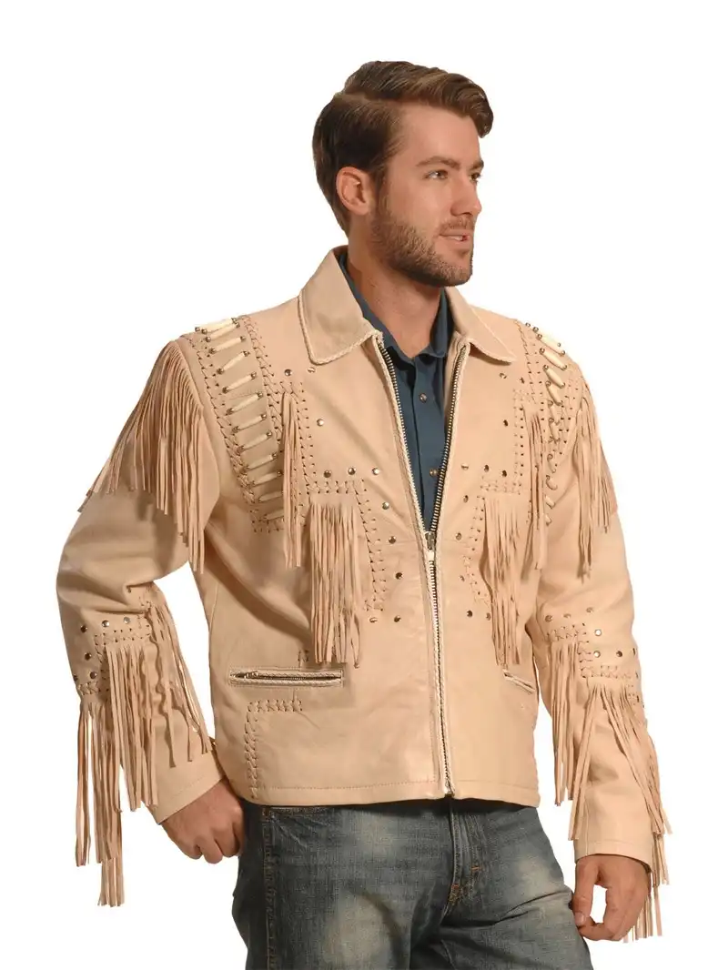 Liberty Wear Men's Fringed Leather Jacket cream (1) Mens Suede Fringe Western Jacket
