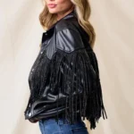 Fringe Stud Details Leather Jacket
