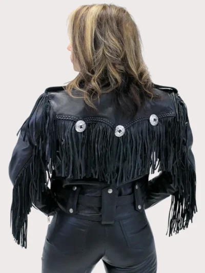 Ladies Cropped Leather Jacket With Fringe