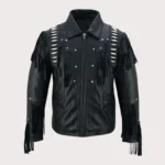 Men Black Studded Fringes White Beads Leather Jacket