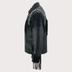 Men Black Studded Fringes White Beads Leather Jacket