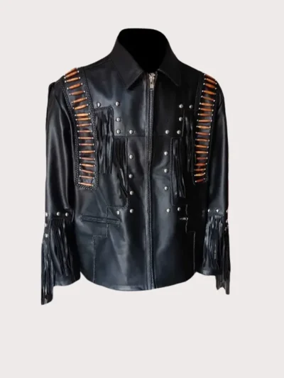 Men Black Western Fringes With Roundhead Studs