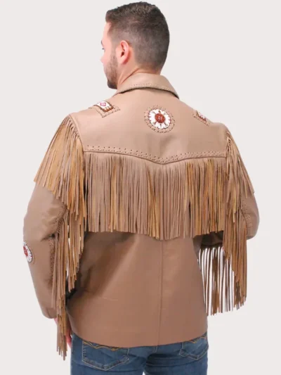 Western Brown Leather Jacket With Fringe & Bone Beading
