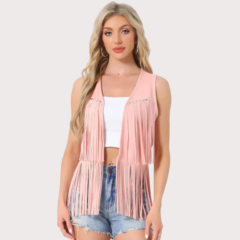Women's 70s Western Open Front Faux Suede Fringe Vest (1) Women's 70s Western Open Front Faux Suede Fringe Vest