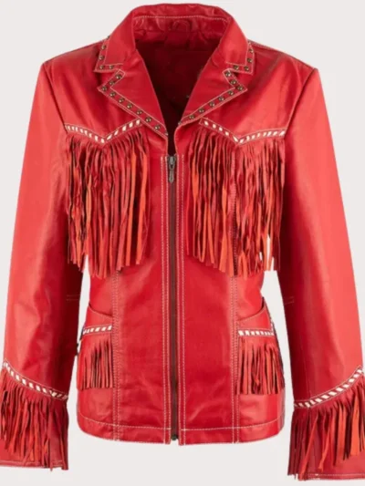 Womens Fringe Red Leather Jacket with Studs